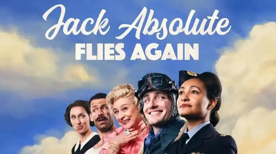 Publicity Flyer, 5 actors smiling with a blue cloudy sky background
