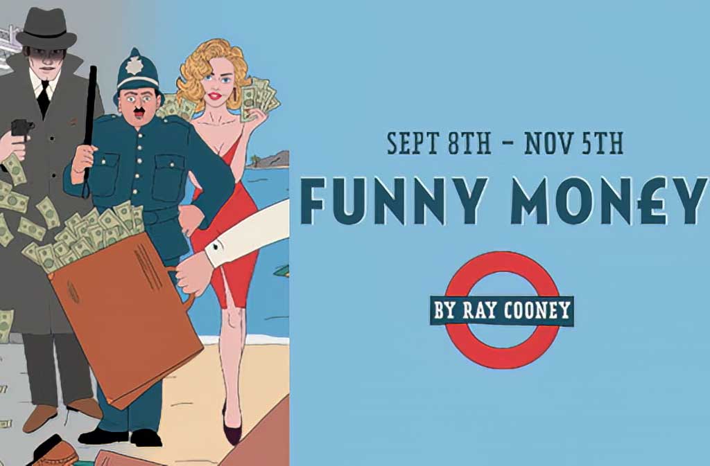 Playbill with cartoon drawing of 3 actors and a bag of bank notes