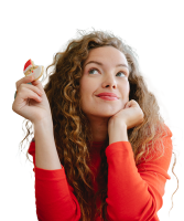 Woman in red with half eaten cookie in her right hand